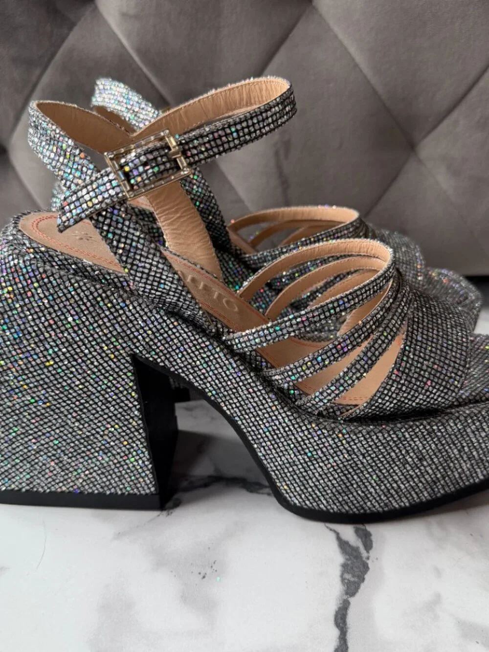 Nodaleto Bulla Chibi Silver Glitter Platform Sandals Size EU 38